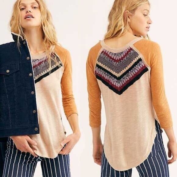 Free People We The Free Spring Bound Crochet Cotton & Linen Blend Baseball Tee - Picture 1 of 16